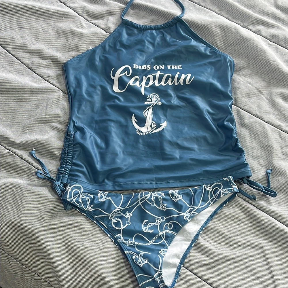Blue Halter Bikini Set with Nautical Print- worn once